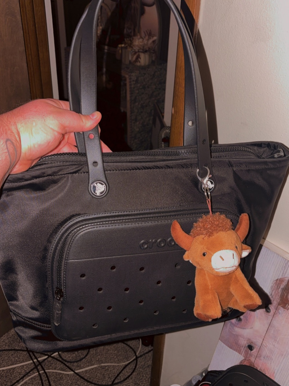 CROCS Black Tote with Brown Plush Charm